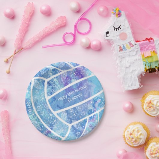 花の羽の模様ブルーバレーボール ペーパープレート (パーティー)