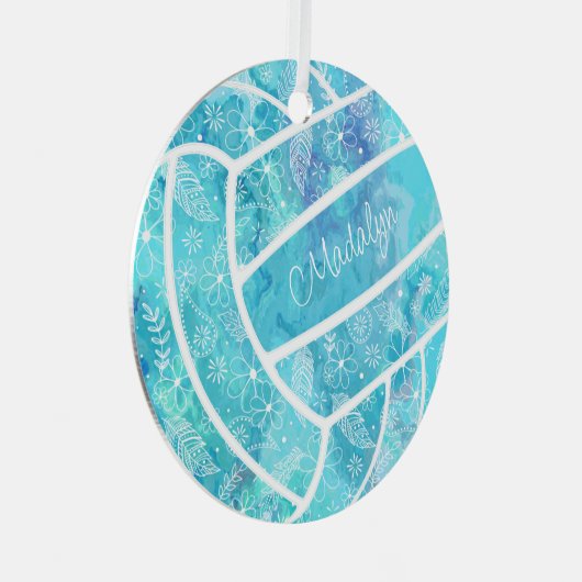 花の羽毛パイズバレーボールターコイズ メタルオーナメント (正面右)