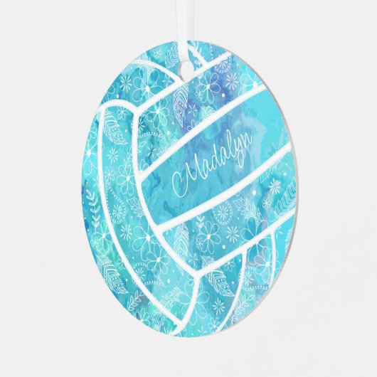 花の羽毛パイズバレーボールターコイズ メタルオーナメント (正面左)