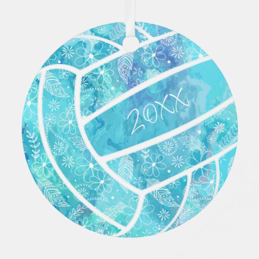 花の羽毛パイズバレーボールターコイズ メタルオーナメント (裏面)