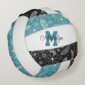 花の羽毛ペイズリーティール(緑がかった色)黒バレーボール ラウンドクッション (裏面)