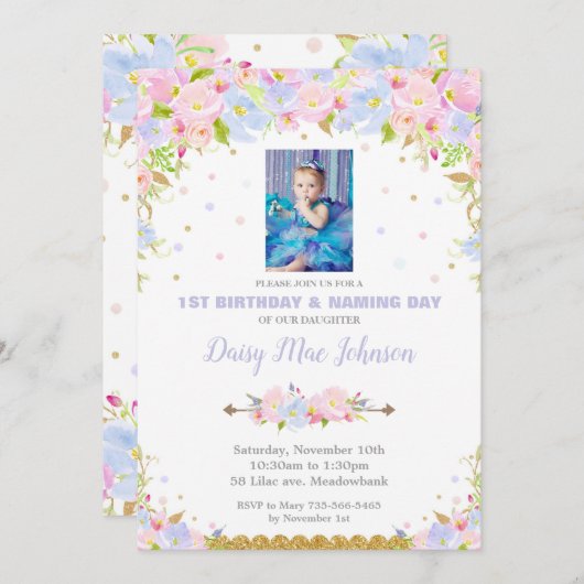 花の聖名祝日および第1誕生日の招待状の女の子 招待状 (正面/裏面)