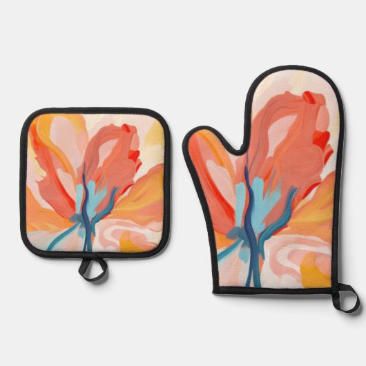花の背景抽象芸術絵を描の 鍋つかみ&鍋敷きセット (正面)