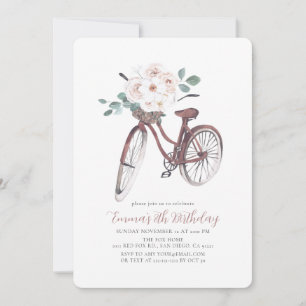 花の自転車の少女 水彩画の誕生日 招待状