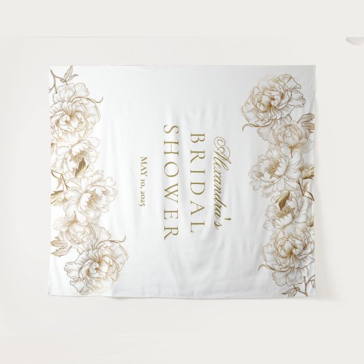 花の芍薬 白 ゴールド エレガント ブライダル シャワー タペストリー (正面(横))