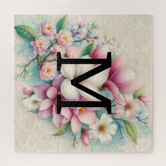 花の花のモノグラムのレースのピンクの紫の紫 ジグソーパズル (横)