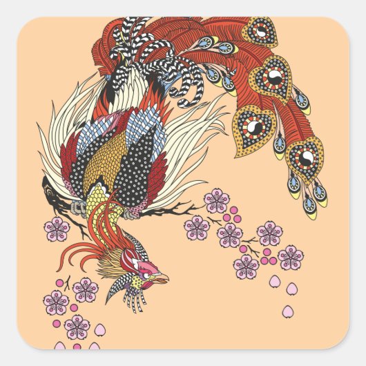 花の花の上に座っている魔法のフェニックス桜スクア スクエアシール (正面)