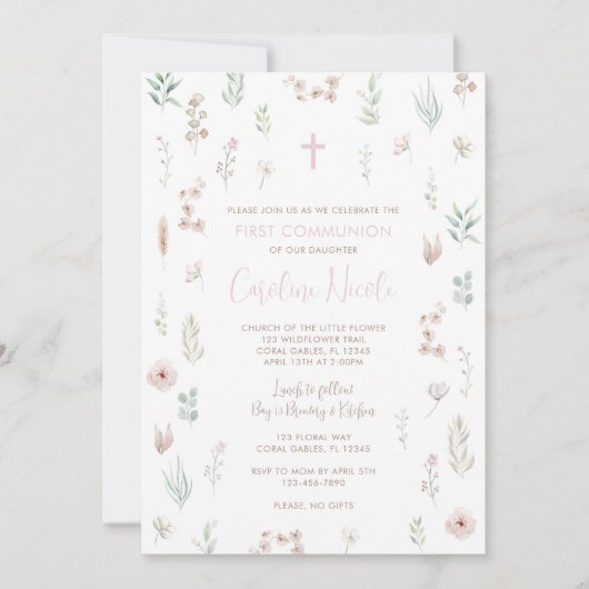 花の花の最初の聖餐式への招待 招待状 (正面)