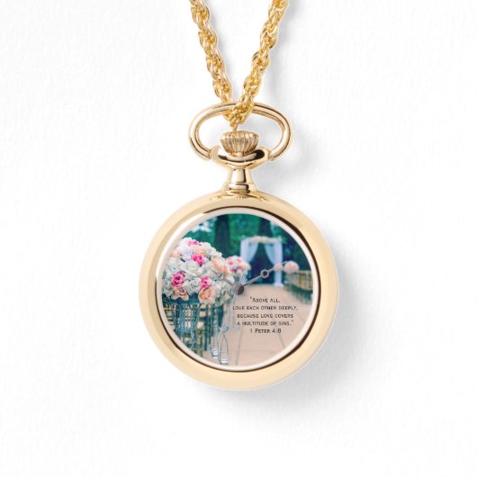 花の花束の愛と結婚の通路の聖書の聖句 腕時計 (正面)