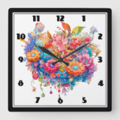 花の花束インピンクオレンジ&ブルーボホ スクエア壁時計 (正面)