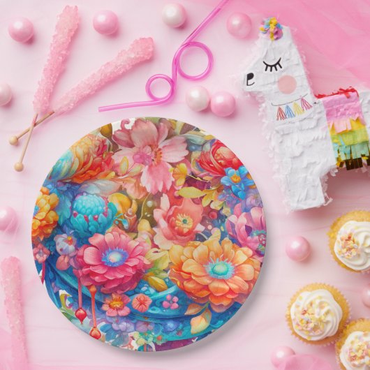 花の花束インピンクオレンジ&ブルーボホ ペーパープレート (パーティー)