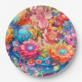 花の花束インピンクオレンジ&ブルーボホ ペーパープレート (正面)