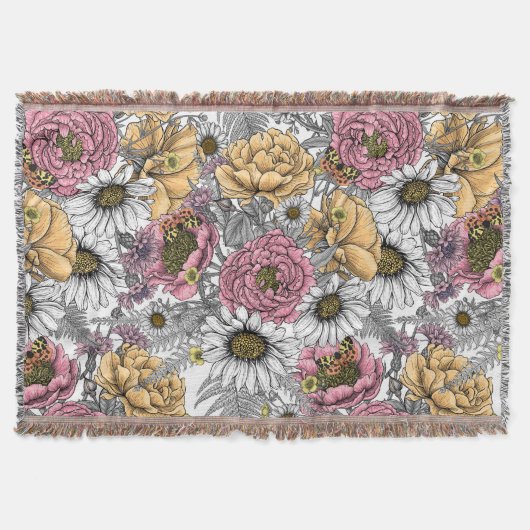 花の花束 – バラ、牡丹、デイジーはfe スローブランケット (正面)