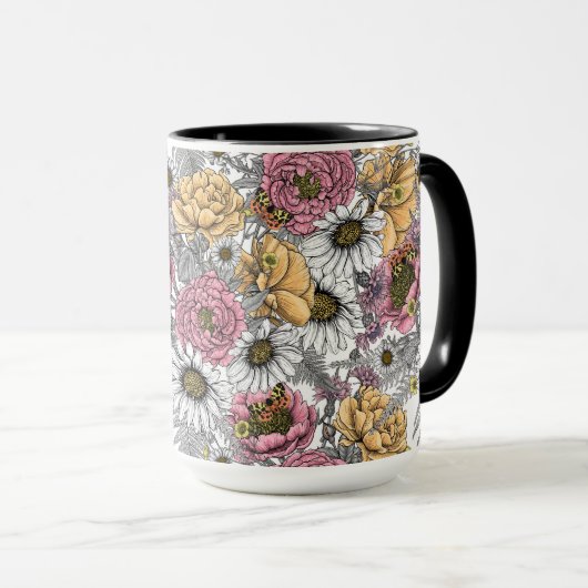 花の花束 – バラ、牡丹、デイジーはfe マグカップ (正面右)