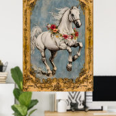 花の花輪を飾った白い馬　 ポスター (ホームオフィス)