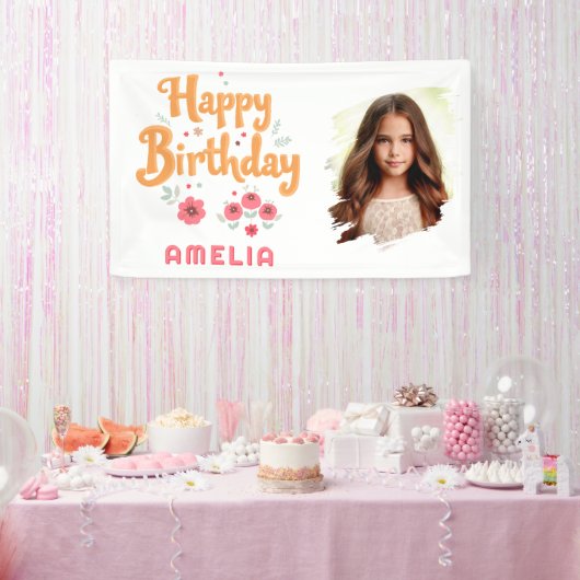 花の花 ハッピーバースデー 手描き フォト 横断幕 (パーティー)