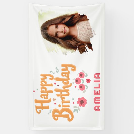 花の花 ハッピーバースデー 手描き フォト 横断幕 (縦)