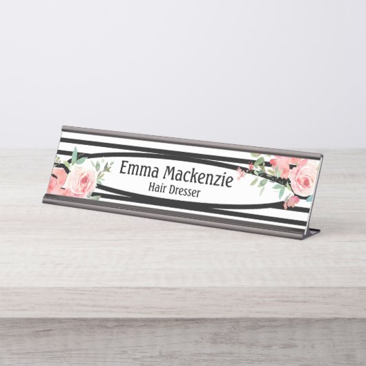 花の花 黒と白のオフィスデスクサイン デスクネームプレート (正面)