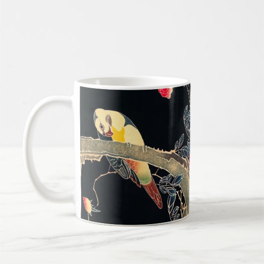 花の茂みの枝にオウム コーヒーマグカップ (左)