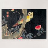 花の茂みの枝にオウム ジグソーパズル (横)