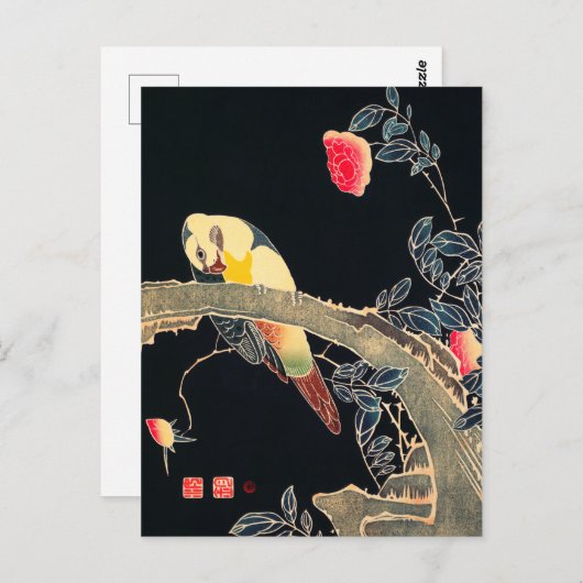 花の茂みの枝にオウム ポストカード (正面/裏面)