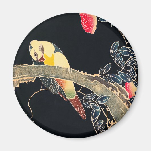 花の茂みの枝にオウム マグネット (正面)