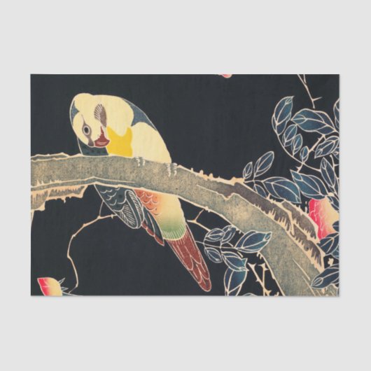 花の茂みの枝にオウム 薄葉紙 (正面)