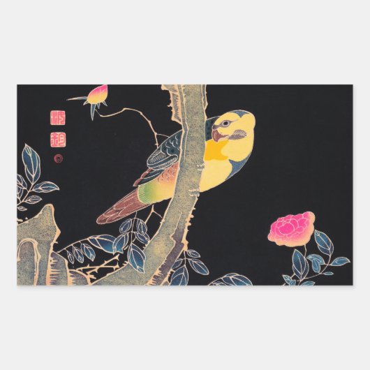 花の茂みの枝にオウム 長方形シール (正面)