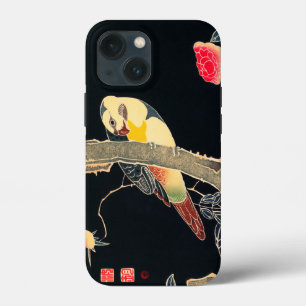 花の茂みの枝にオウム iPhone 13 MINIケース
