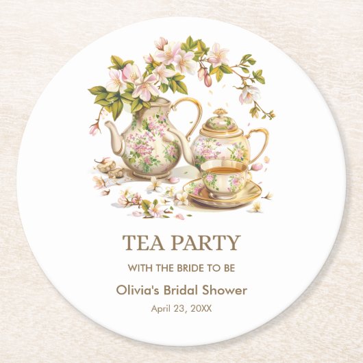 花の茶葉のポット ティーパーティー お茶の時間 ブライダルシャワー ラウンドペーパーコースター (正面)