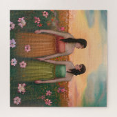 花の草地で手を握るレズビアン夫婦 ジグソーパズル (横)