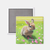 花の草地にかわいいベビーうさぎ マグネット (正面/裏面)