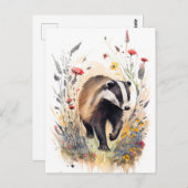 花の草地を走通る水彩バッジャー ポストカード (正面/裏面)