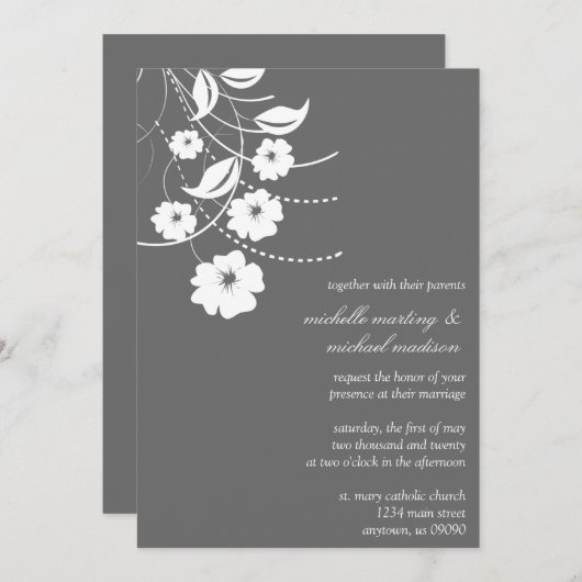 花の華麗さの結婚式招待状(ダークグレー) 招待状 (正面/裏面)