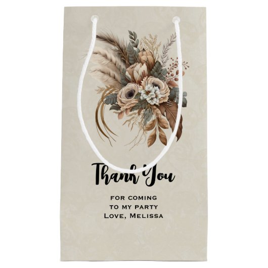 花の葉と羽パーティーありがとう スモールペーパーバッグ (正面)