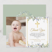 花の葉のゴールドクロス洗礼・キリスト洗礼写真 サンキューカード (正面/裏面)