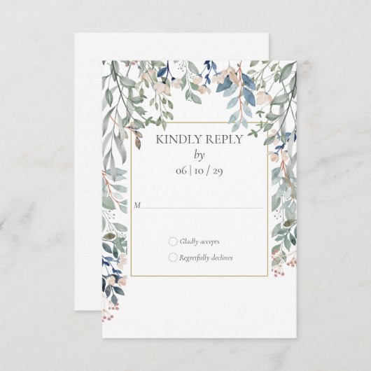 花の葉のゴールド幾何学ウェディング 出欠カード (正面/裏面)