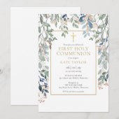 花の葉のファーストホーリーコミュニオン 招待状 (正面/裏面)