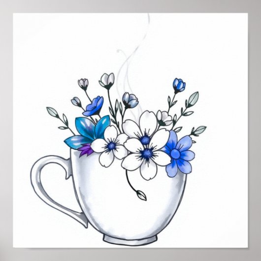 花の蒸気のラインアートのコーヒーカップ ポスター (正面)