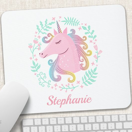 花の虹色のユニコーン マウスパッド