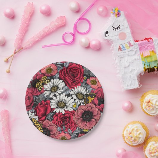 花の蛾は赤と灰色の混合 ペーパープレート (パーティー)