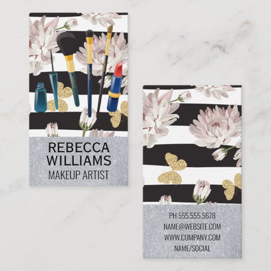 花の蝶とストライプ |メイクアップセット 名刺 (正面/裏面)