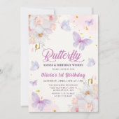 花の蝶のキス パープルの女の子の誕生日 招待状 (正面)