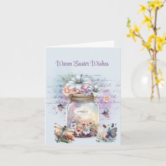 花の蝶の暖かい復活祭の願いの瓶 カード (黄色い花)