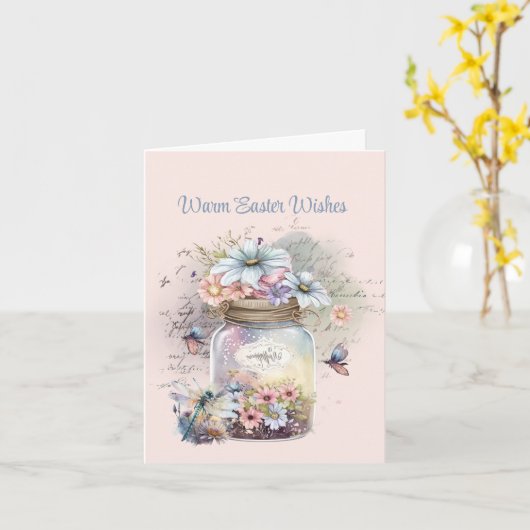 花の蝶の暖かい復活祭の願いの瓶 カード (黄色い花)