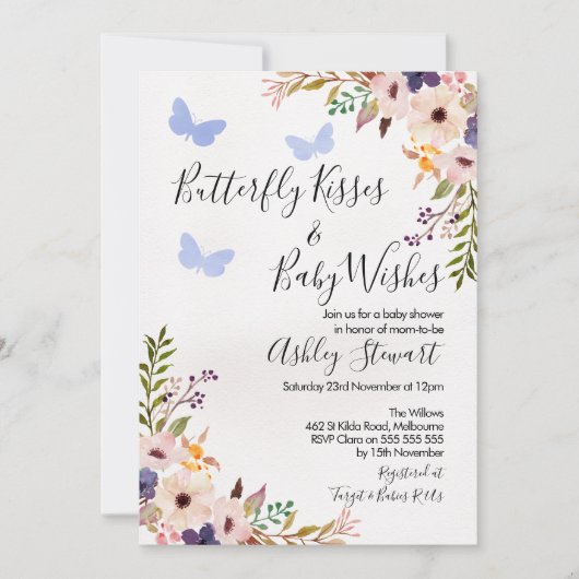 花の蝶はベビーシャワーの招待状の男の子に接吻します 招待状 (正面)