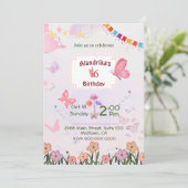 花の蝶 ピンクと白の5歳の現代的な誕生日 招待状 (スタンド正面)