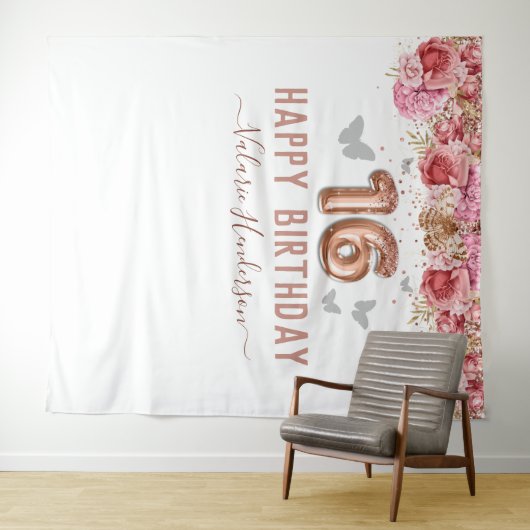 花の蝶 ピンクのハッピー16歳の誕生日タペスト タペストリー (インサイチュ(横))