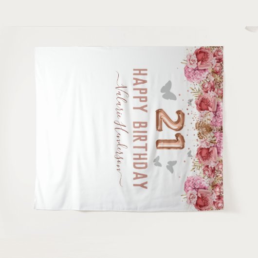 花の蝶 ピンクのハッピー21歳の誕生日タペスト タペストリー (正面(横))