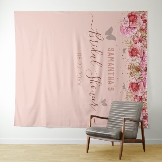 花の蝶 ピンクの結婚前お祝いパーティー タペストリー (インサイチュ(横))